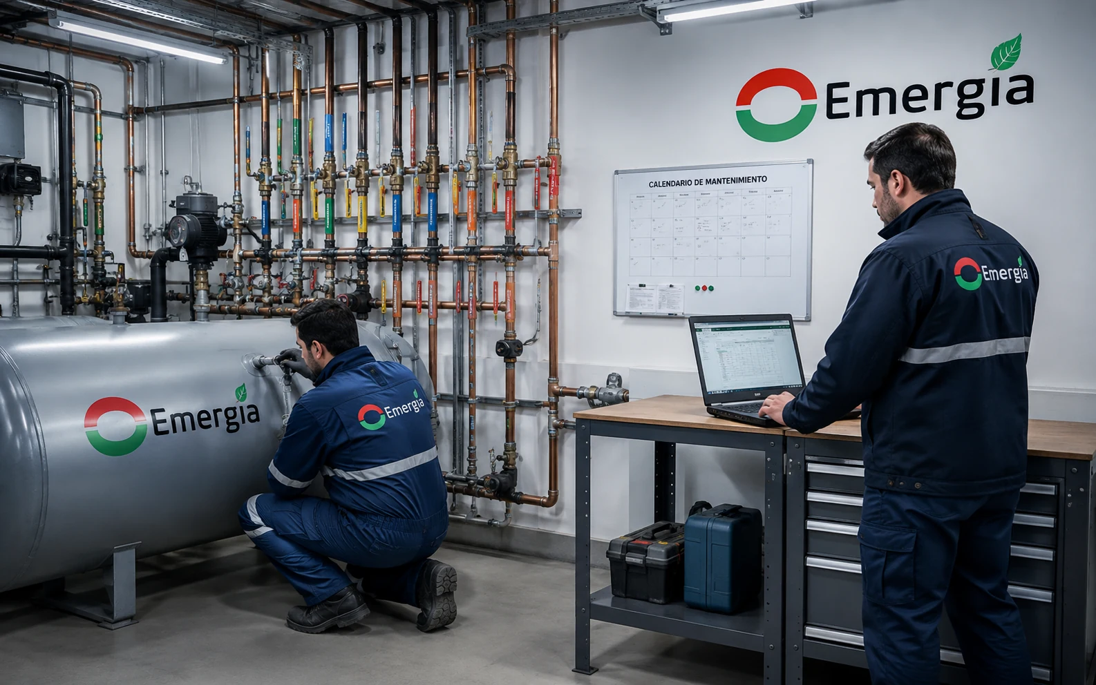 Técnico revisando manómetros en sala de calderas